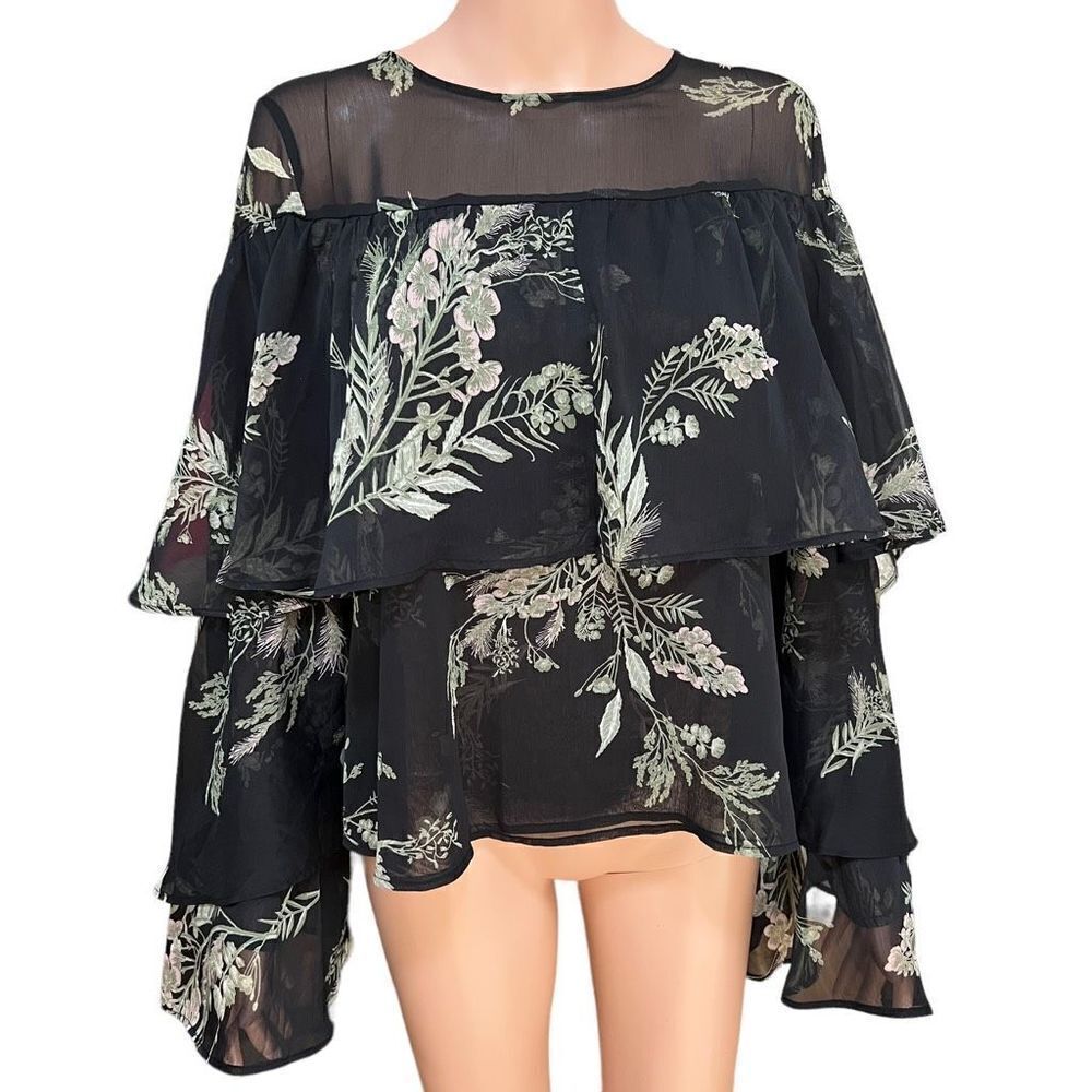 Leith Women's Black Long Sleeve Floral Print Tiered Sheer Blouse size M